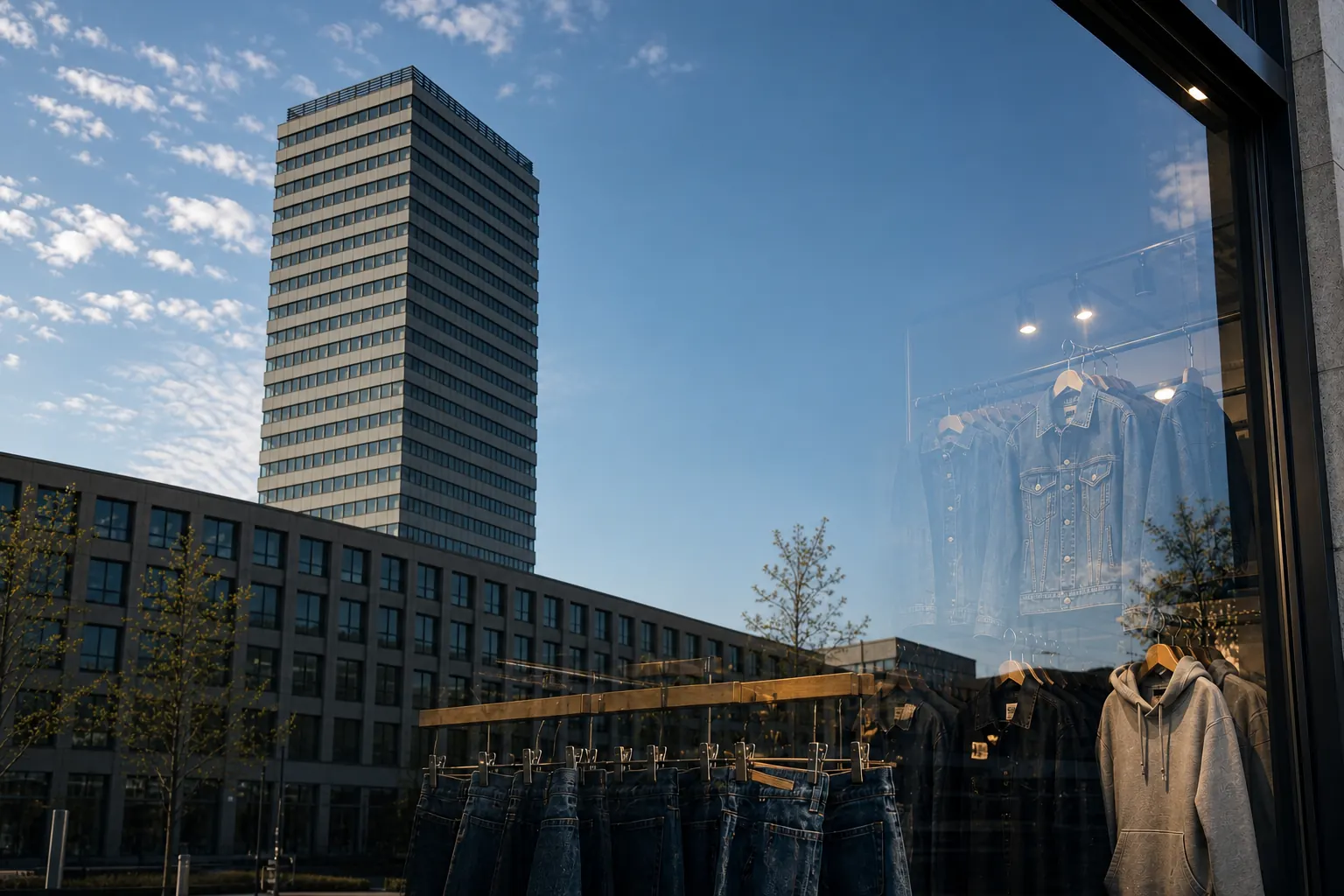 Schaufenster mit Denim, Sportswear und der Spiegelung des Oderturms
